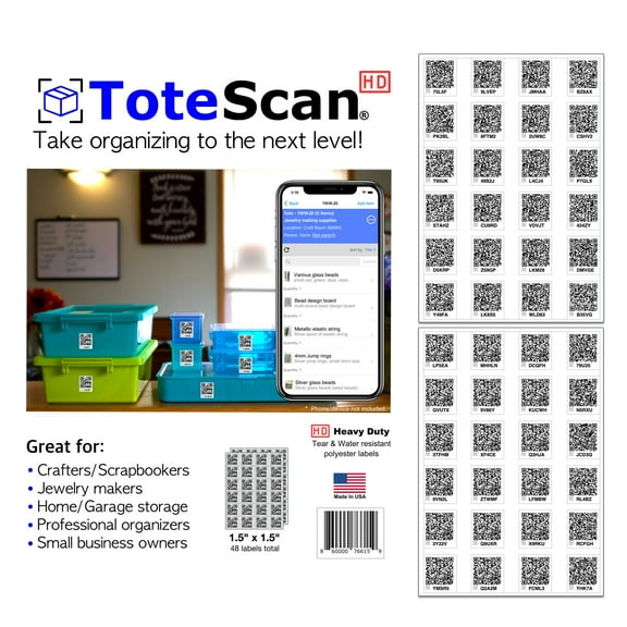 ToteScan HD (Heavy Duty) Intelligent QR Labels, 1.5" x 1.5", 48 Count