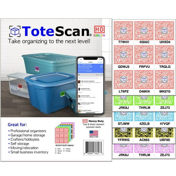 ToteScan Heavy Duty Color Intelligent QR Labels for Organization/Moving/Storage (45 Labels, 2.5"x3")