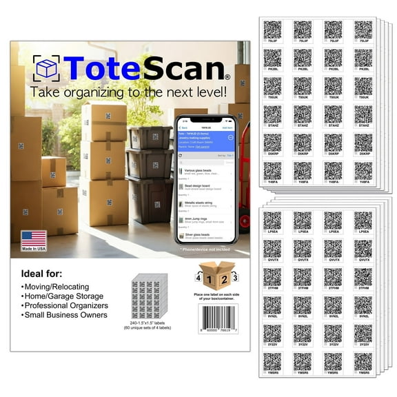 ToteScan Intelligent QR Labels For Organization/Moving/Storage (60 Unique Sets Of 4 Paper Peel/Stick Labels,1.5"x1.5",Place On All Sides Of Your Box)