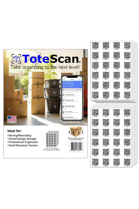 Intelligent QR Labels For Organization/Moving/Storage (60 Unique Sets Of 4 Paper Peel/Stick Labels,1.5"x1.5",Place On All Sides Of Your Box)