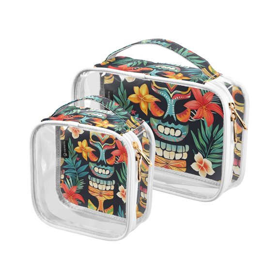Totem Masks Leaves Clear Cosmetic Bags with Handles PVC Toiletry Bags Zipper Waterproof Portable for Traveling 2 Pcs