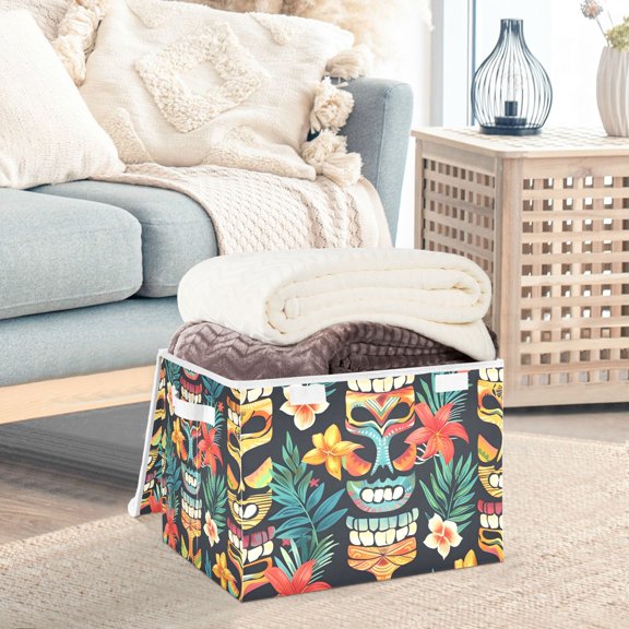 Totem Masks Leaves Storage Basket Foldable Laundry Basket Shelf Kids Toy Storage Container Organizer with Handles