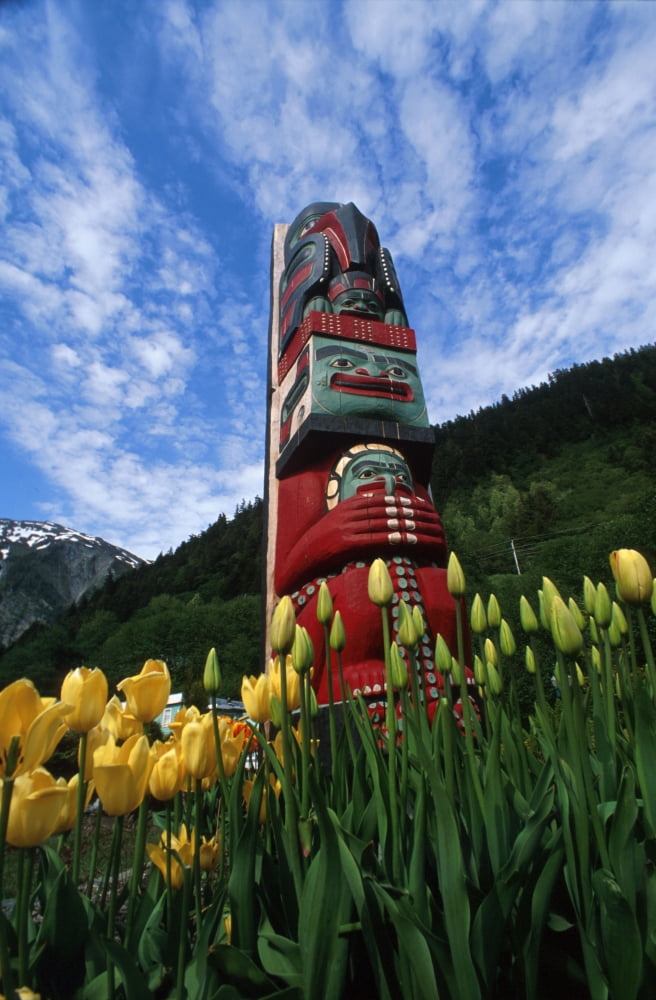 Totem Pole With Tulips Juneau Southeast Alaska Mountains Coast Summer Pr Tourist Canvas Art - Randy Brandon Design Pics (22 x 34)