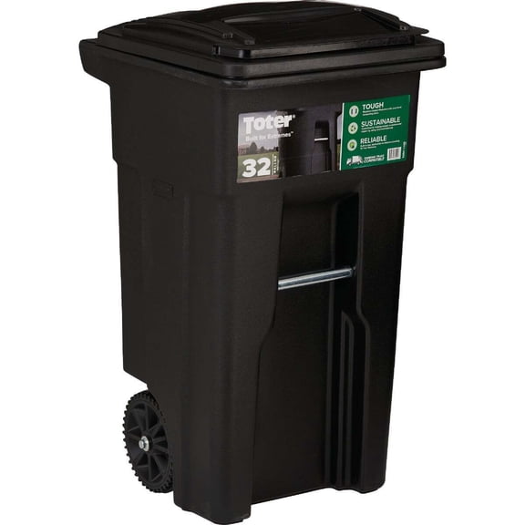 Toter 32 Gal. Black Outdoor Trash Can With Attached Lid and Wheels 79232-R2200