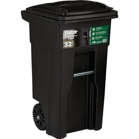 Toter 32 Gal. Black Outdoor Trash Can With Attached Lid and Wheels 79232-R2200