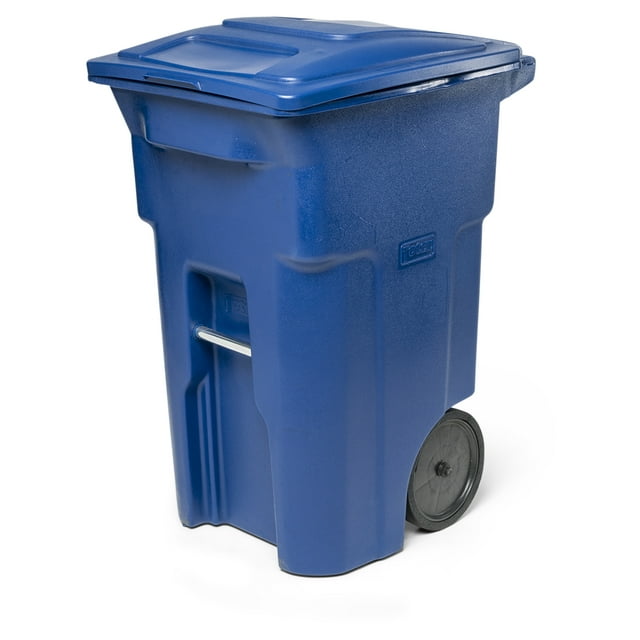 Toter 64-Gallon Blue Polyethylene Trash Can With Quite Rubber Wheels and Lid