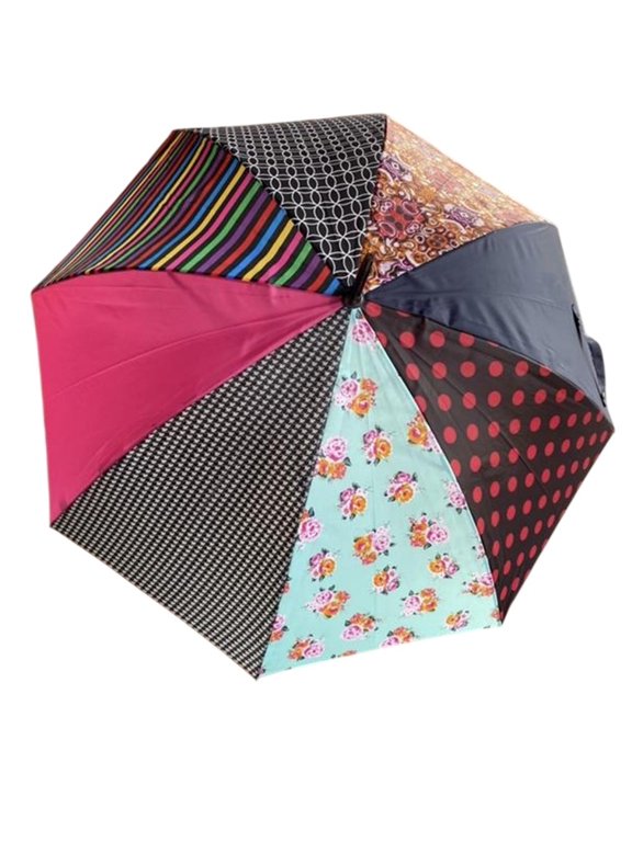 Auto Open Umbrella Wooden Handle, Upcycled Patchwork - 9721 (U47)