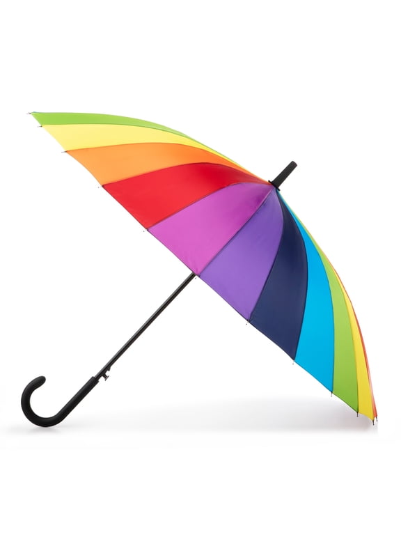 Large Eco Auto-Open 24 Rib Stick Umbrella with a Classic J Hook Curved Handle, Bright Rainbow, 46"