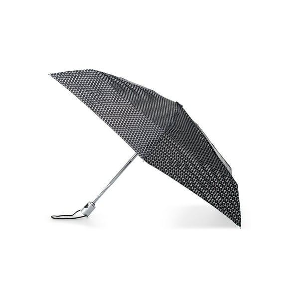 Totes Recycled Canopy One-Touch Auto Open Ultra Compact Mini Travel Rain Umbrella with Carrying Case Black White Dots