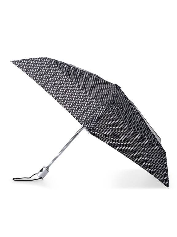 Recycled Canopy One-Touch Auto Open Ultra Compact Mini Travel Rain Umbrella with Carrying Case Black White Dots