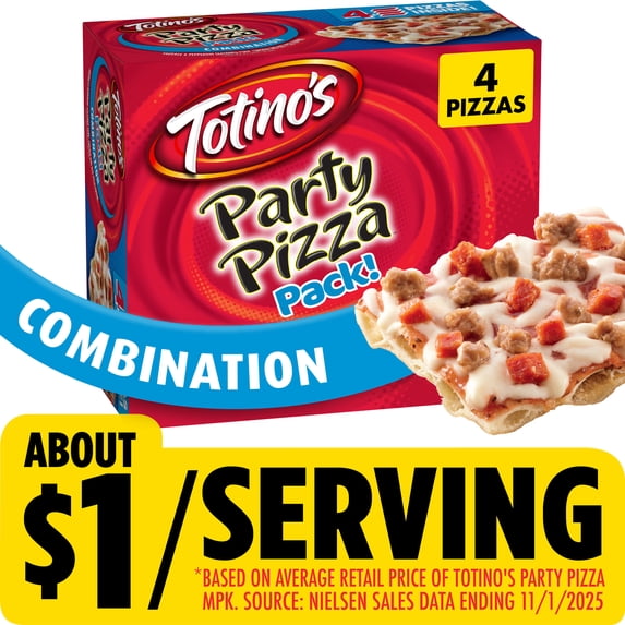 Totino's Party Pizza Pack, Combination, Frozen, Game Day Football Snacks, 4 Ct, 42.8 oz