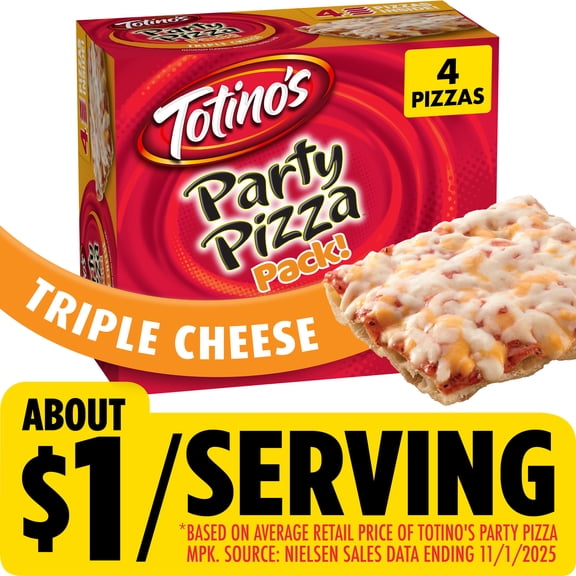 Totino's Party Pizza Pack, Triple Cheese, Frozen, Game Day Football Snacks, 4 Ct, 39.2 oz