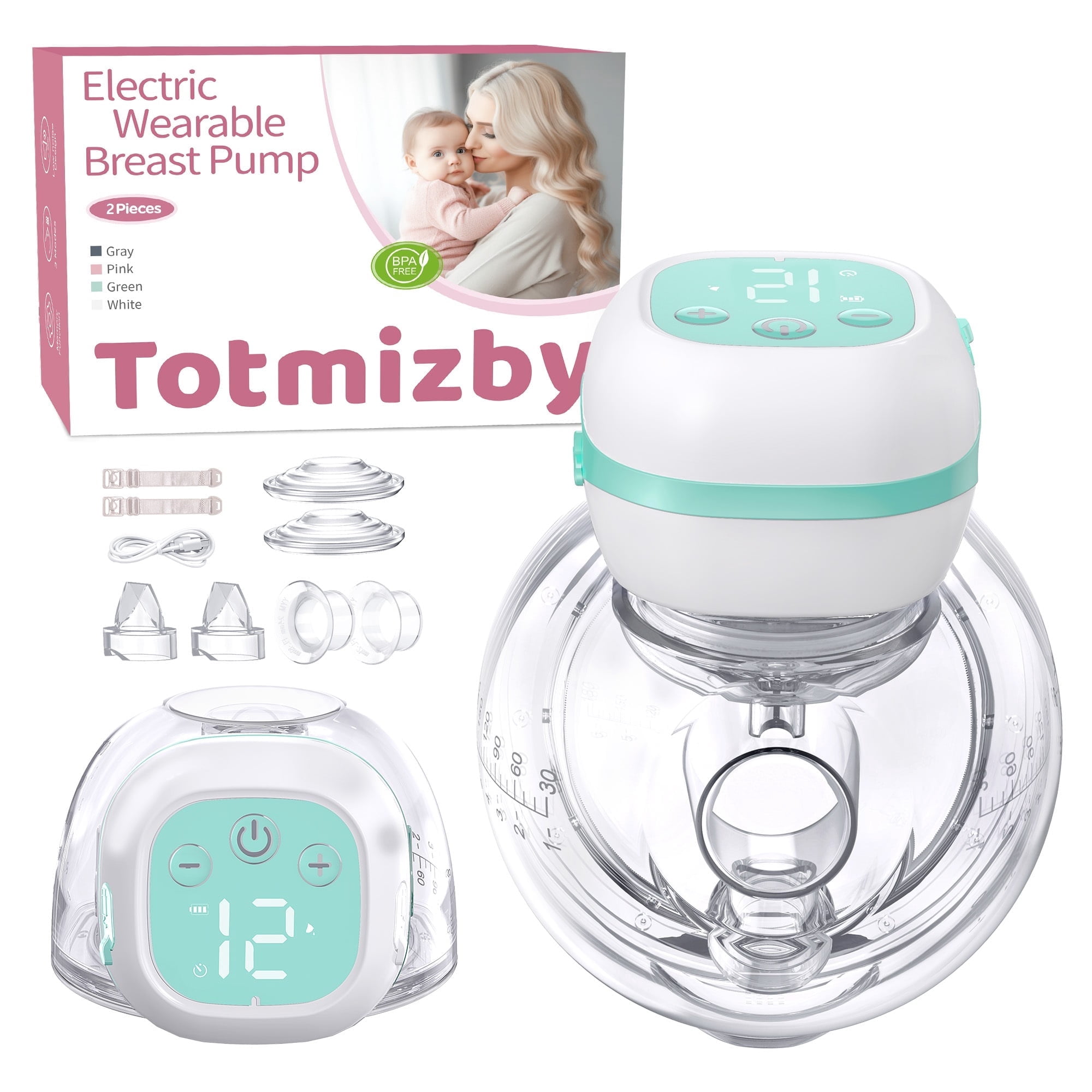 Totmizby Hands-Free Wearable Breast Pump,Electric Breast Pump with 3 Mode & 12 Levels,Portable and Low Noise-17/19/21/24mm Flange,2 Pack(Green)