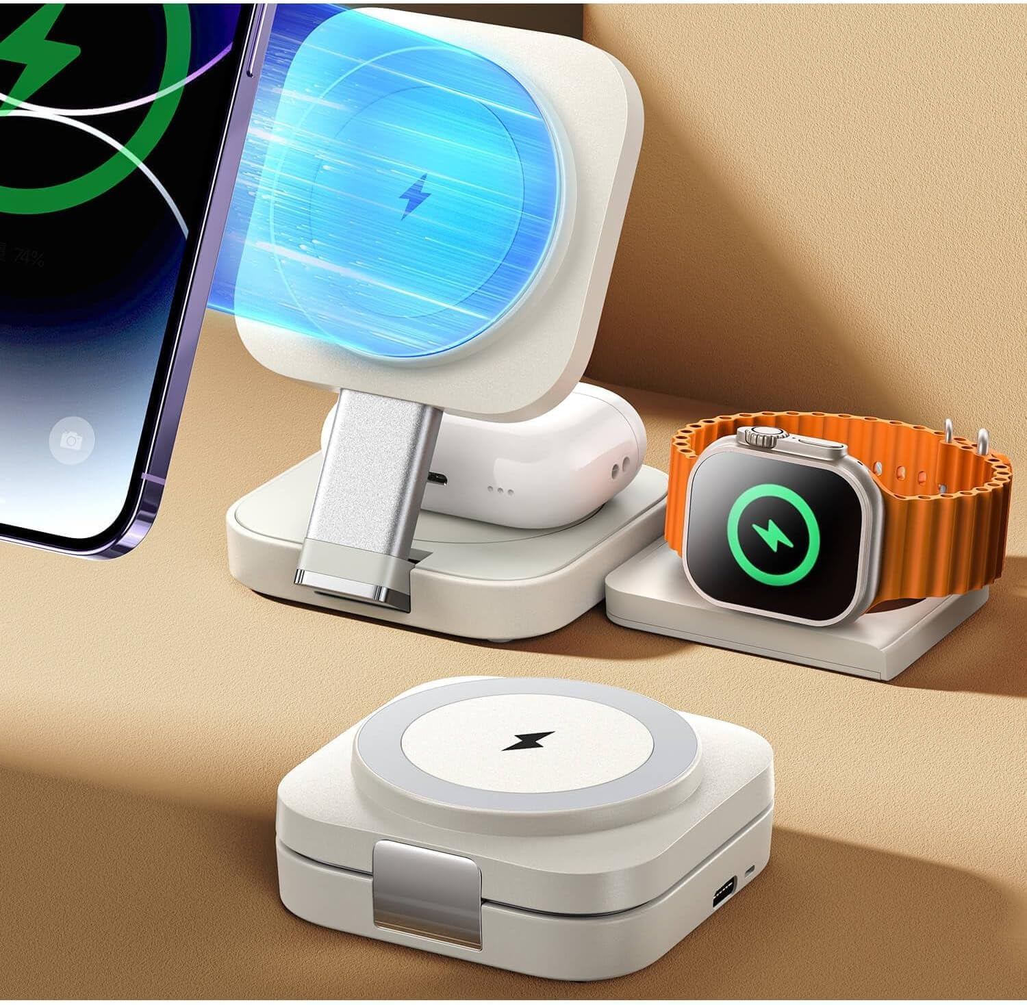 Totoe 3 in 1 Charging Station for Apple Magsafe Charger Travel Accessories, Wireless Charger 3 in 1 for iPhone 16 15 Pro Max Magsafe Accessories Charger for Airpods iWatch iPhone 12-16 White