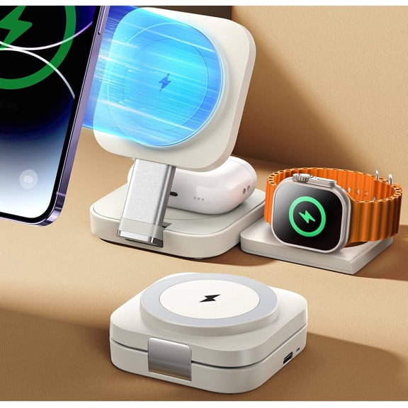 Totoe 3 in 1 Charging Station for Apple Magsafe Charger Travel Accessories, Wireless Charger 3 in 1 for iPhone 16 15 Pro Max Magsafe Accessories Charger for Airpods iWatch iPhone 12-16 White