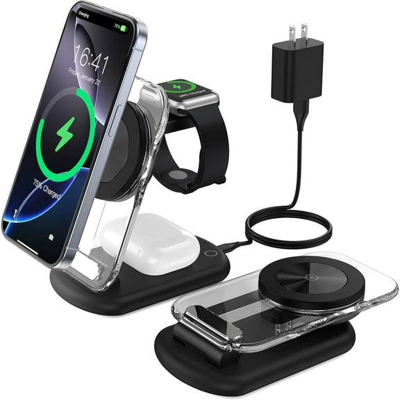 Totoe Fast Foldable Travel Mag-Safe Charger Stand for Apple Devices 3-in-1 Magnetic Wireless Charging Station with Night Light for iPhone 16 15 14 13 12 Series, Apple Watch/AirPods Pro
