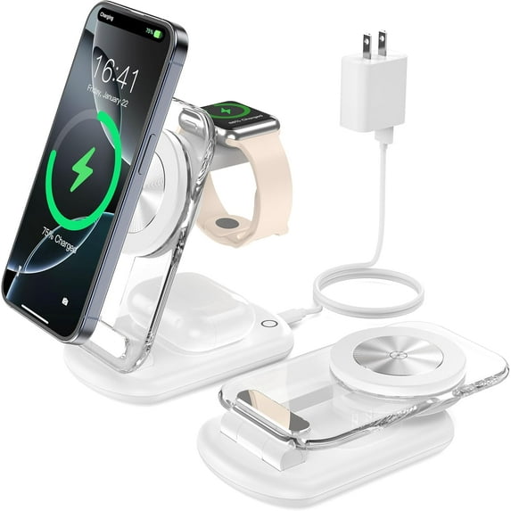 Totoe Fast Foldable Travel Mag-Safe Charger Stand for Apple Devices 3-in-1 Magnetic Wireless Charging Station with Night Light for iPhone 16 15 14 13 12 Series, Apple Watch/AirPods Pro