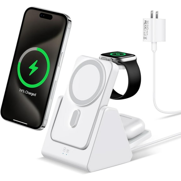 Totoe Mag-Safe Charger Wireless Charging Station: 3 in 1 5000mAh Portable Power Bank Compatible for iPhone 16/15/14/13/12 Series and Apple Watch - Magnetic Charging Stand White