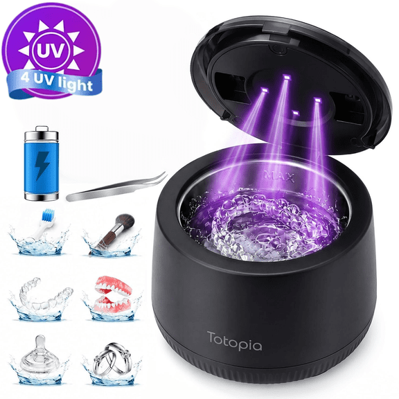 Totopia Ultrasonic Retainer Cleaner, 48kHz UV-C Dental Pod with 4 Modes, 200ml Stainless Tank for Dentures, Aligners, Guards Black