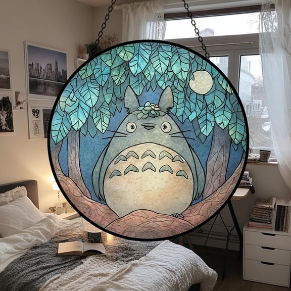 Totoro Anime Glass Suncatcher, Japanese Cartoon Window Art, Ghibli Fan Home, 3.5 in