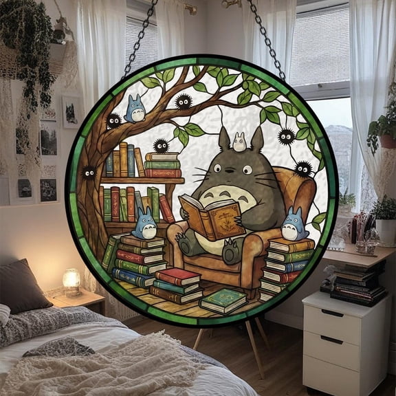 Totoro Glass Suncatcher, My Neighbor Totoro Window Garden Decoration Studio Ghibli Keepsake Anime, 7.9 in
