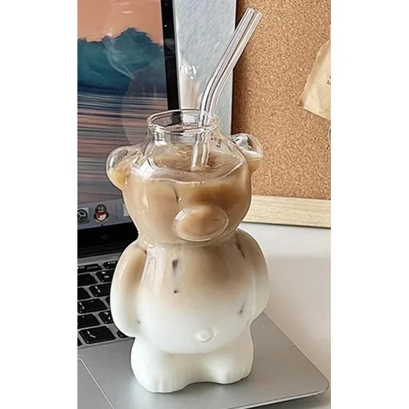 Totoro Hero Cartoon Bear Shaped Coffee Mug Cute Bear Mug Glass Cup with Straw Glasses Cup Birthday Christmas Gifts for Women Kids Friends