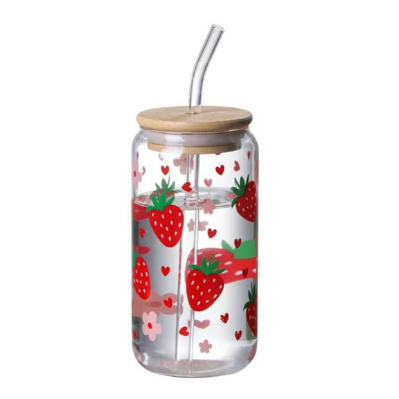 Totoro Hero Kawaii Strawberry Glass Cup With Lid And Straw Drinking Cups Iced Hot Coffee Glasses Cute Tumbler Cup for Kitchenware Juice Cup