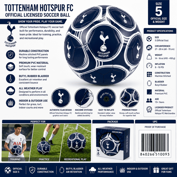 Tottenham Hotspur FC Official Licensed Soccer Ball Size 5 Machine Stitched PVC Indoor Outdoor Soccer Ball