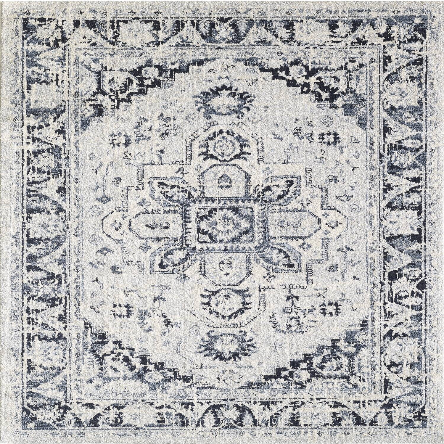 Navy and Cream 5' x 7' Washable Oriental Synthetic Rug