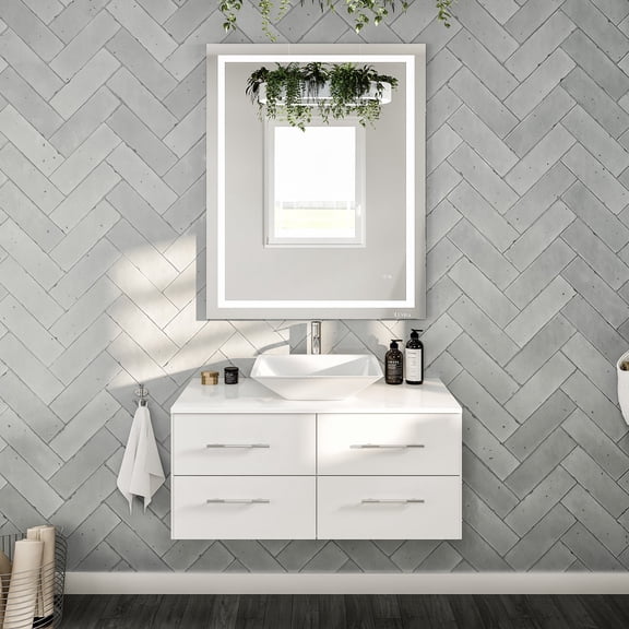 Totti Wave 36" White Modern Bathroom Vanity w/ Super White Man-Made Stone Top & Sink