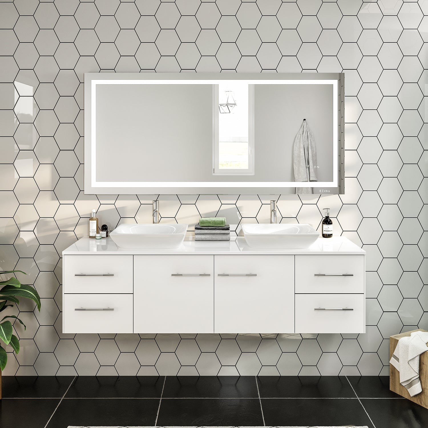 Wave 60" White Modern Double Sink Wall-Mount Bathroom Vanity