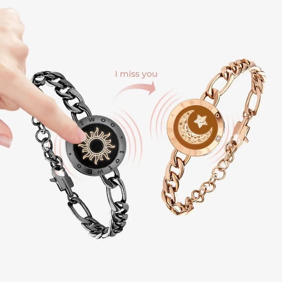 Totwoo Long Distance Touch Bracelets for Couples Relationship Light up&Vibrate Smart Bracelets Bluetooth Connecting Jewelry-Sun&Moon Snake Chain Black Gold