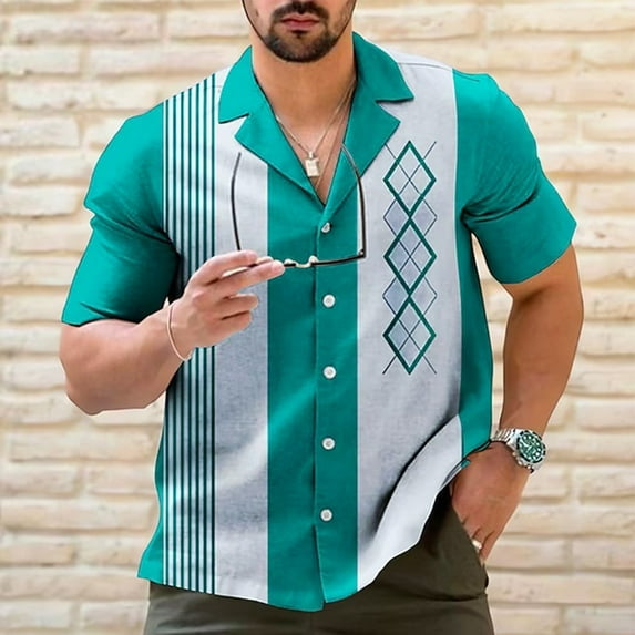 Totyc Casual and Stylish Men's Retro Striped Bowling Shirt Vintage Button Down Tops