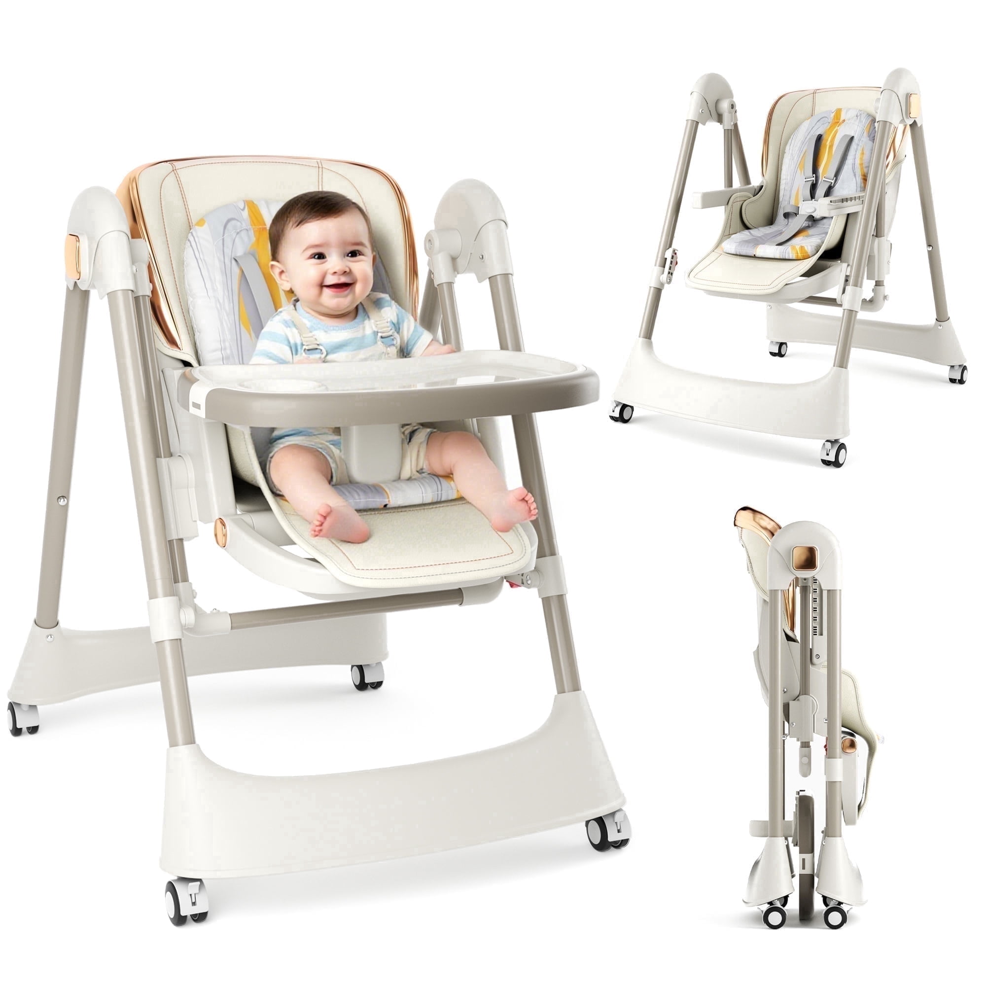 TouHeart 6-in-1 Baby High Chair and Baby Swing Combo, Convertible Highchair for Infants Toddlers, with 6 Heights, 4 Recline, Foldable with Wheels，Beige