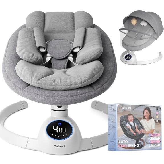 TouHeart Electric Baby Swing, Infant Rocker with Bluetooth & Remote,5 Speeds,10 Lullabies,3 Timing, Gray