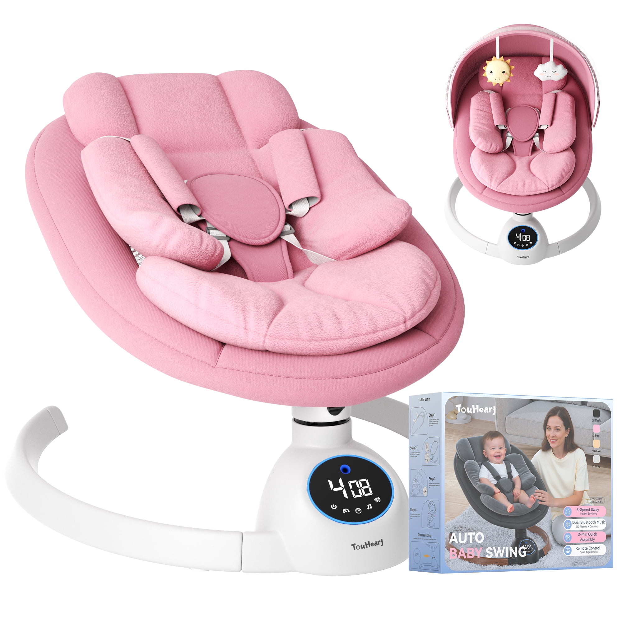 TouHeart Electric Baby Swing, Infant Rocker with Bluetooth & Remote,5 Speeds,10 Lullabies,3 Timing, Pink