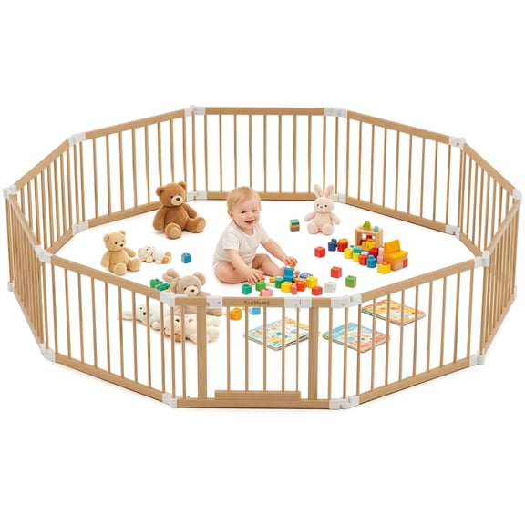 TouHeart Wooden Playpen for Baby & Toddlers, Foldable Large Baby Gate Play Yards, 10 Panels, 102.9"x68.6"x24"