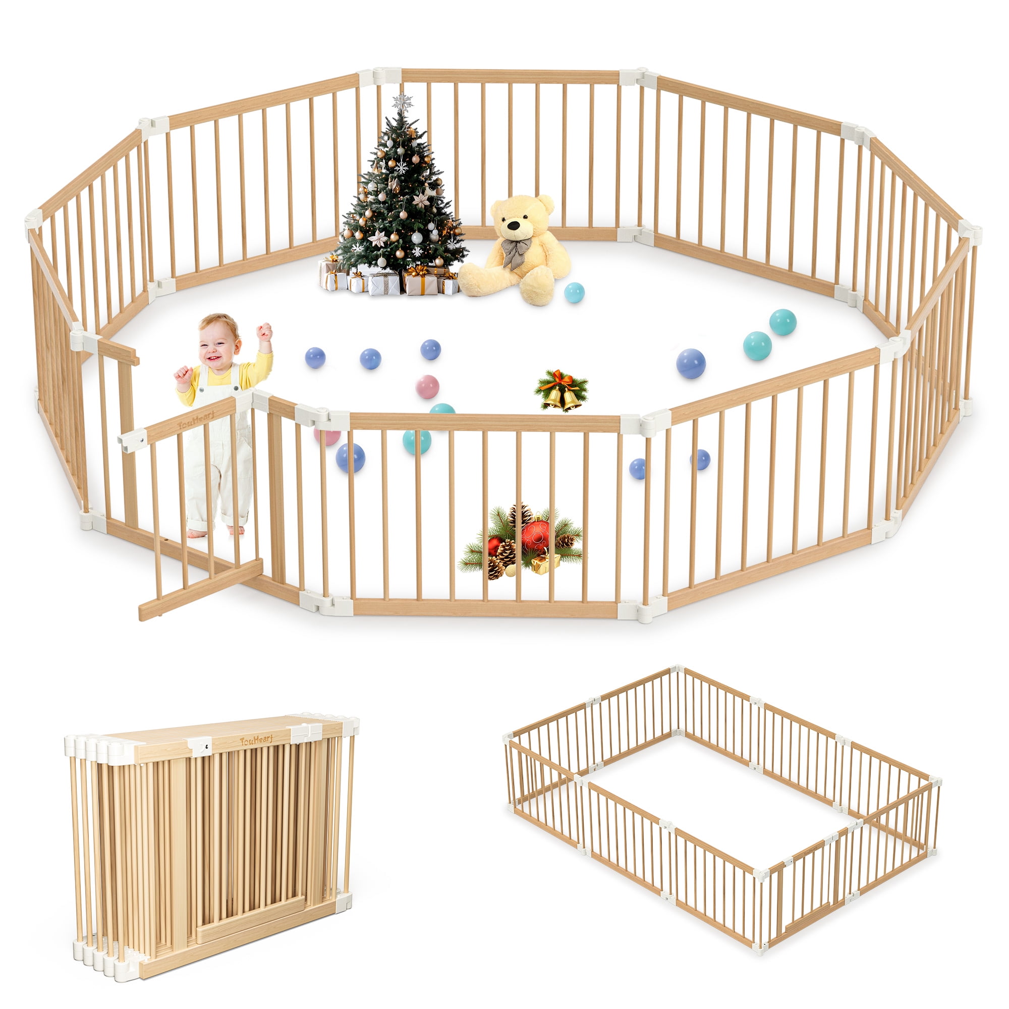 TouHeart Wooden Playpen for Baby Toddlers, Foldable Large Baby