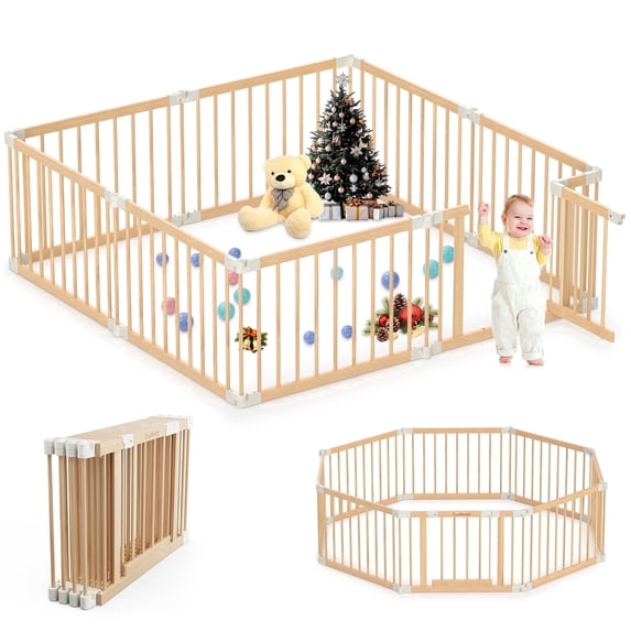 TouHeart Wooden Playpen for Baby & Toddlers, Foldable Large Baby Safe Play Fence Yards With Gate, 8 Panels, 69"x69"x24"