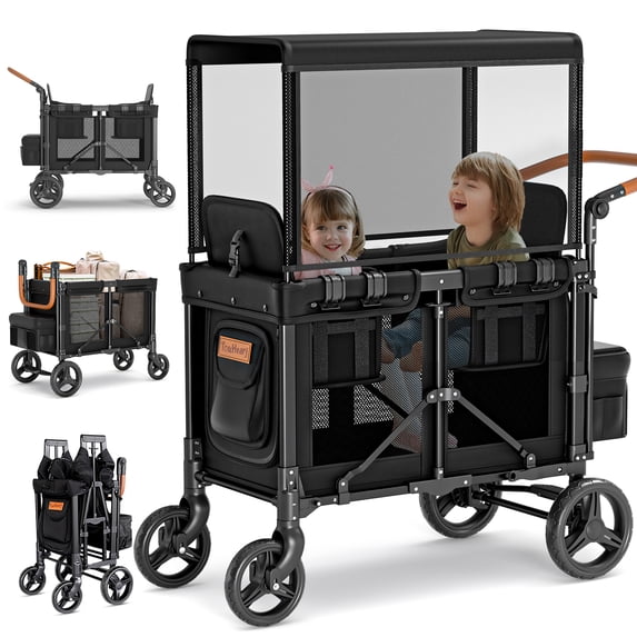 TouHeart Foldable Wagon Stroller for 2 Kids, 3-in-1 Stroller Wagon with Canopy, 5-Point Harness, 180° Adjustable Handlebars, Removable Seat for Toddlers and Child, Black