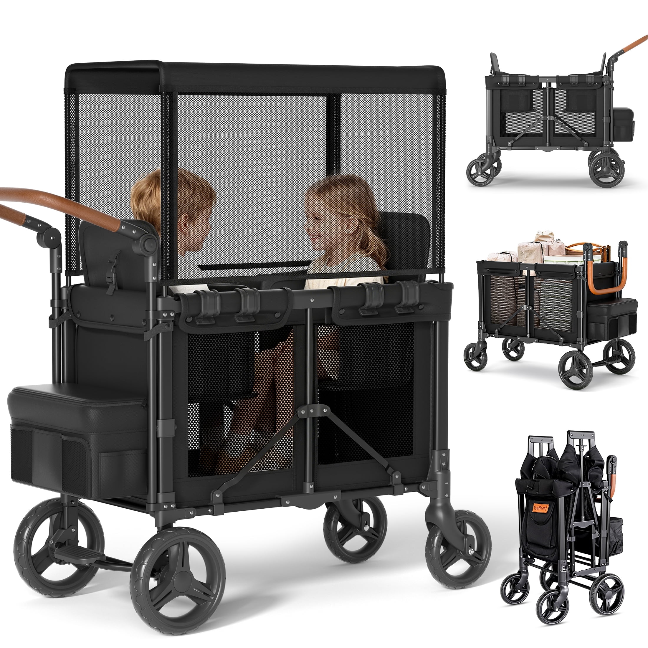 TouHeart Foldable Wagon Stroller for 2 Kids, 3-in-1 Stroller Wagon with Canopy, 5-Point Harness, 180° Adjustable Handlebars, Removable Seat for Toddlers and Child, Black
