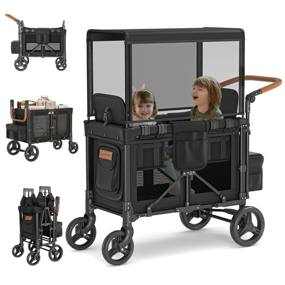 TouHeart Wagon Stroller for 2 Kids, Double Stroller Wagon with Canopy, 5-Point Harness, Removable Seat, Black