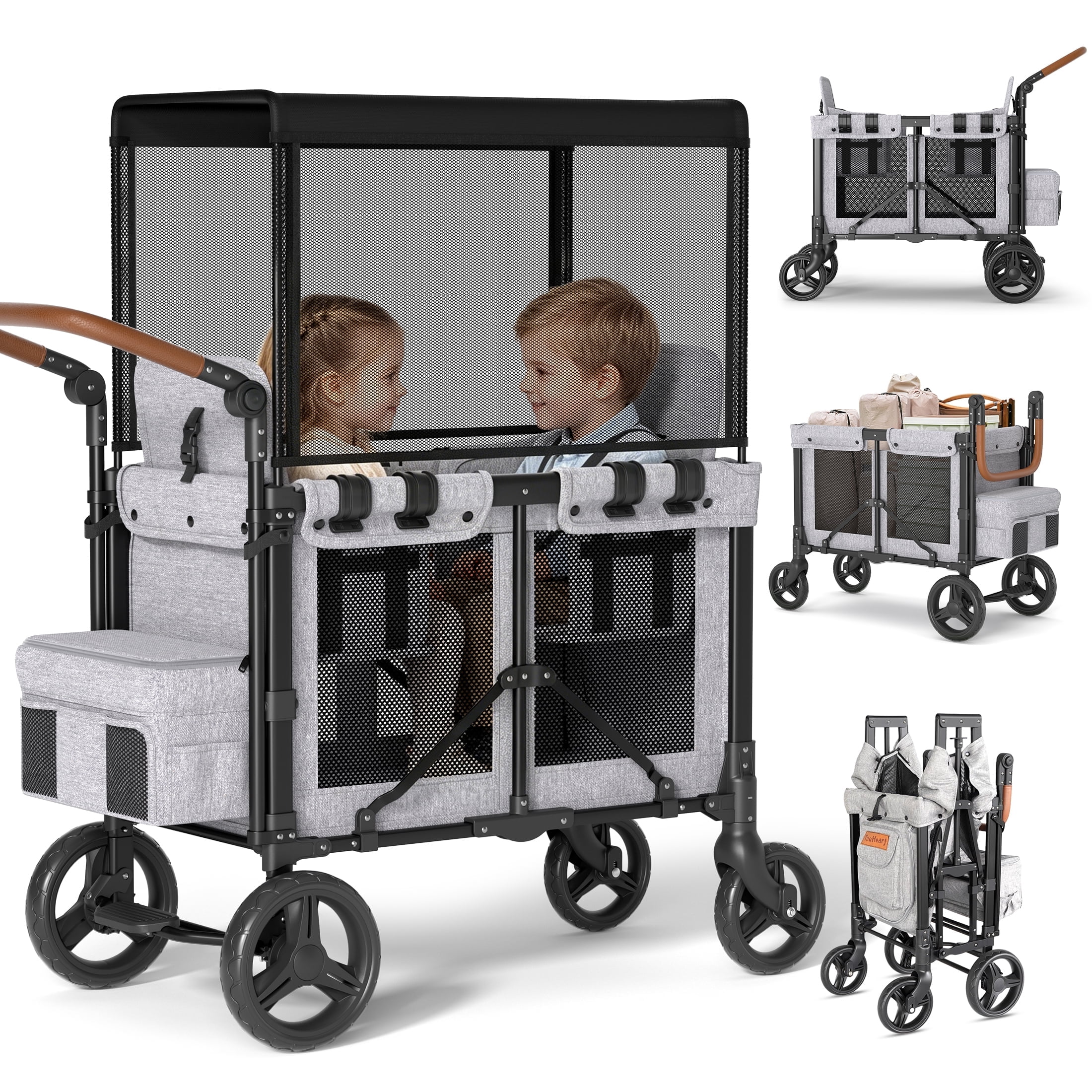 TouHeart 3-In-1 Wagon Stroller for 2 Kids, Foldable Stroller Wagon with Canopy, 5-Point Harness, Removable Reversible Seat, Grey（2026 Upgraded)