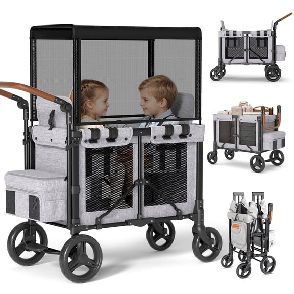 TouHeart 3-In-1 Wagon Stroller for 2 Kids, Foldable Stroller Wagon with Canopy, 5-Point Harness, Removable Reversible Seat, Grey（2026 Upgraded)