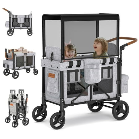 TouHeart 3-In-1 Wagon Stroller for 2 Kids, Foldable Stroller Wagon with Canopy, 5-Point Harness, Removable Reversible Seat, Grey（2026 Upgraded)