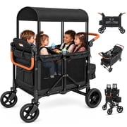 TouHeart Wagon Stroller for 4 Kids, Foldable 4-Seater Stroller Wagon with Canopy, 5-Point Harness, Adjustable Push-Pull Handle, Removable Seats, Black