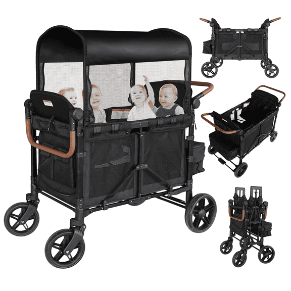 TouHeart Wagon Stroller 4 Passenger with Canopy, Removable Seats, 5-Point Harness, Black