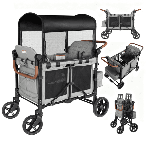 TouHeart Wagon Stroller for 4 Kids with Canopy, Removable Seats, 5-Point Harness, Gray