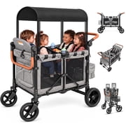 TouHeart Wagon Stroller for 4 Kids, Foldable 4-Seater Stroller Wagon with Canopy, 5-Point Harness, Adjustable Push-Pull Handle, Removable Seats, Gray