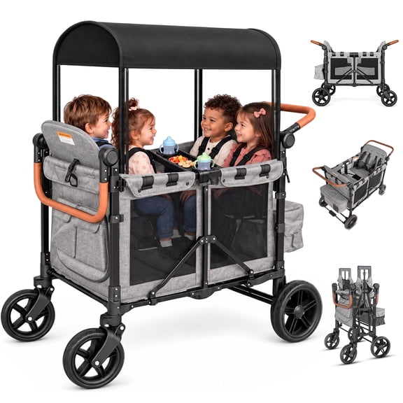 TouHeart Wagon Stroller for 4 Kids, Foldable 4-Seater Stroller Wagon with Canopy, 5-Point Harness, Adjustable Push-Pull Handle, Removable Seats, Gray